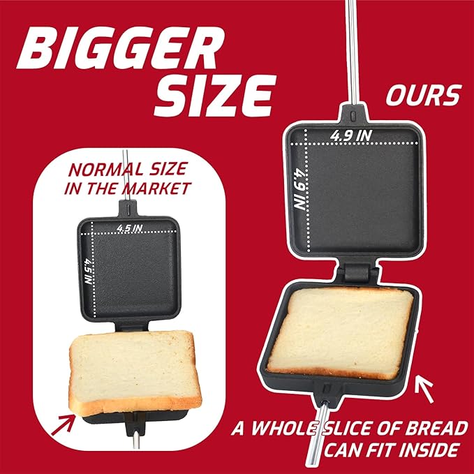 Campfire Pie Iron 4.9" Large Cast Iron Sandwich Maker for Camping 4 Pcs with Storage Bag - 22.6 inch Thickened Handles - Campfire Cooking Equipment for Grilling & Outdoor Cooking