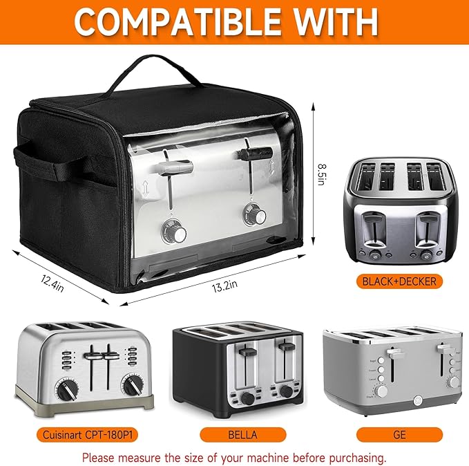 Toaster Cover 4 Slice with Aluminum Foil Lining and Base Compatible with Cuisinart/BELLA/Black and Decker,Cover Only,Black