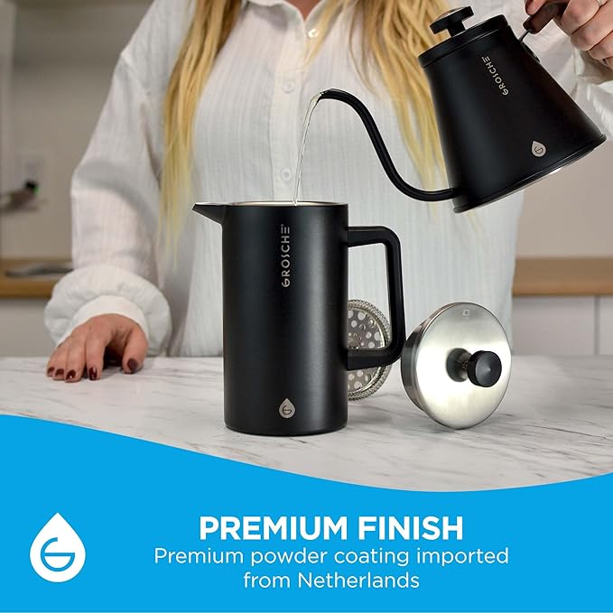 GROSCHE Dub'lin Stainless Steel Coffee Maker French Press 8 Cup | 34 FL Oz Coffee Press, 18/8 Double Walled Stainless Steel French Press Coffee Maker - Hot/Cold Brew | Stainless French Press - BLACK