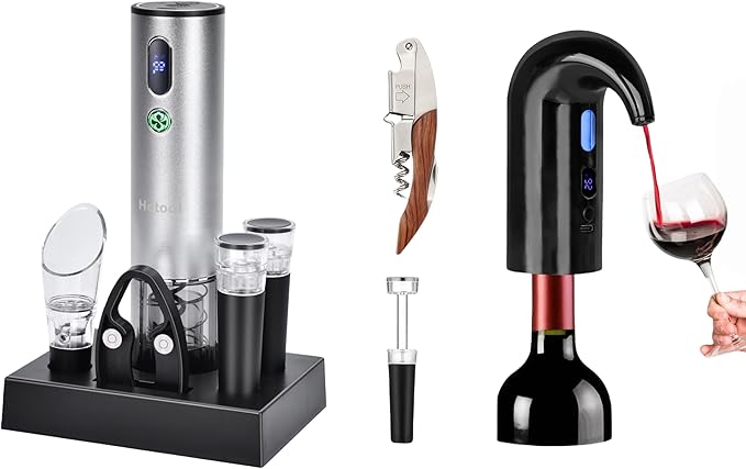 Electric Wine Opener and Aerator with Wine Accessories -Rechargeable Wine Bottle Opener Set with Base, Wine Aerator, Corkscrew and Wine Stoppers- Perfect Wine Gifts for Wine Lovers