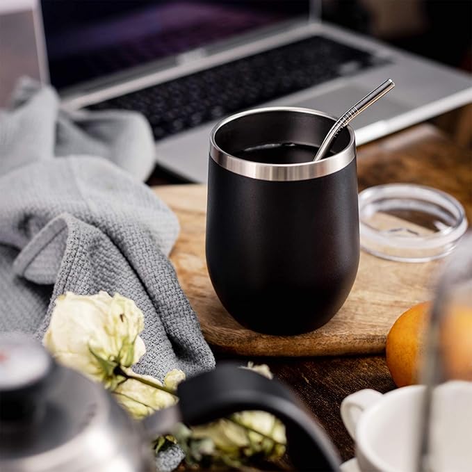 COMOOO Stainless Steel Wine Tumbler with Lid and Straw 12oz Double Wall Vacuum Insulated Wine Tumbler Cup for Coffee, Wine, Cocktails, Champagne (Black White Silver and Rose Gold,12 Pack)