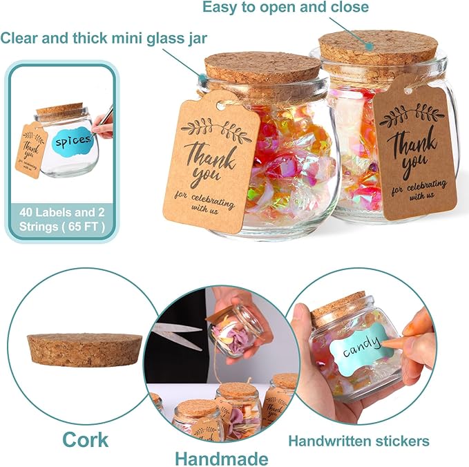 AIXIANG 20 Set 7oz Glass Jars with Cork Lid & Airtight Seal - Rustic Wedding Favors, Baby Shower Gifts, Candy & Spice Storage - Includes Twine, Labels (Multi-Purpose, Eco-Friendly)