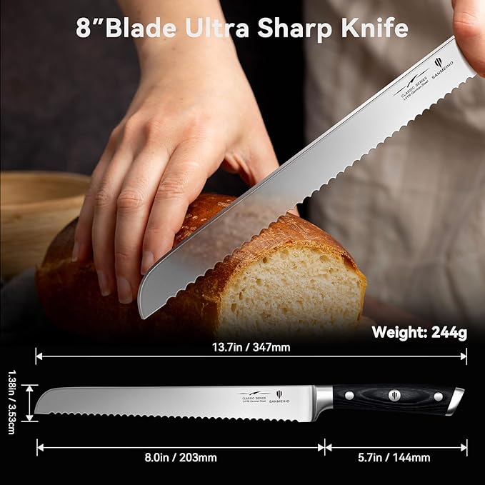 8" Bread Knife - Sourdough Cake Knife Professional 5Cr15MoV Stainless Steel Serrated Knives, Ergonomic Wood Handle & Full Tang Design, Gift Box Included(Single-Edge)