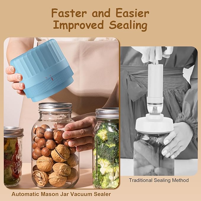 HTPOW Electric Mason Jar Vacuum Sealer - Fully Automatic Mason Jar Vacuum Sealer Kit for All Mason Jars with Regular Lids and Wide Mouth Lids, A Must-Have Tool for Canned Foods/Pantry - Blue