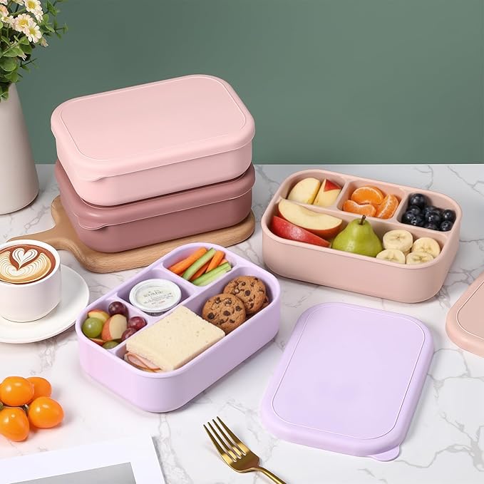 Potchen 4 Pcs Large 7.6x5x2 Inches Silicone Bento Box Reusable Lunch Container Leakproof Snack Meal Boxes for Work Travel Food Storage Microwave Dishwasher Freezer Safe 4 Compartment(Bright Color)