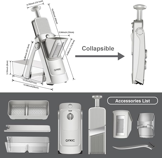 QYKIC 2026 Upgrade Safe Mandoline Slicer,Vegetable Chopper,Potato Slicer, Onion Chopper with Drain Basket Storage Container, Cheese Grater Kitchen Chopping Artifact (SliverGray)
