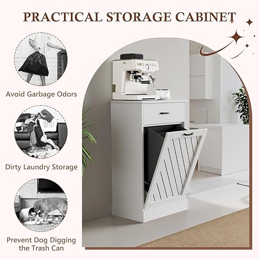 Tilt-Out Trash Can Cabinet, 13 Gallons Hidden Garbage, Hidden Kitchen Trash Cabinet with Storage Drawer, Pet-Proof Wooden Garbage & Recycling Cabinet for Kitchen, Laundry & Living Room, White