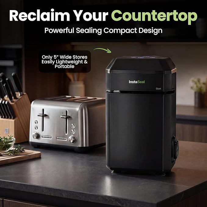 InstaSeal Vacuum Sealer for Food with 12 Bags, Preserves Foods 5x Longer, Space Saving Compact Upright Design Allows Machine to Heat Seal Marinades, Soups, Meats for Sous Vide Cooking
