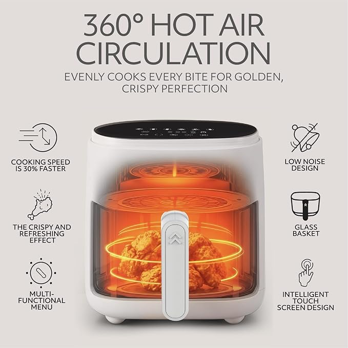 WILLOW Eco Series 6 in 1 Air Fryer with Glass Basket, 5 Quart Non Toxic Air Fryer w Digital Display, 430°F Max Temp, Preheat & Keep Warm Function, Compact + Dishwasher Safe Glass Airfryer - WHITE