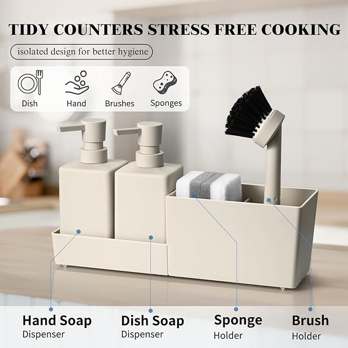 Kitchen Soap Dispenser Set with Sponge Holder and Brush for Sink Rack Hand Soap and Dish Soap Dispensers Beige 4-in-1