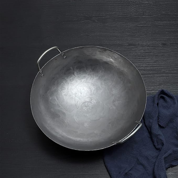Wok Pfanne Traditioneller Handgehämmerter Wok Aus Refined Iron Mit Two Handles，1,8 MM Dick Wok (Rundboden) (Size : 42cm/16.5in)