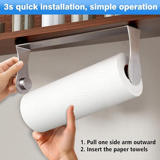 Paper Towel Holder Under Cabinet, Stainless Steel, Silver, Adhesive & Wall Mount, Under Counter Paper Towel Rack for Kitchen and Bathroom, Home and Kitchen Decor