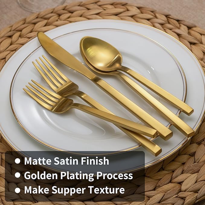 Alata Cube Gold 20-Piece Flatware Set, Forged Cutlery Set, Matte Gold Silverware Service for 4, Stainless Steel Tableware with Square Handle for Home/Restaurant, Dishwasher Safe