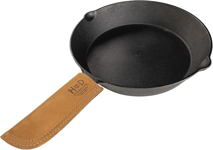 Hide & Drink, Full Grain Leather Hot Handle, Cast Iron Protector, Panhandle Potholder, Double Layered, Double Stitched, Slides On/Off Easily onto Metal Skillet Grips, Handmade, Old Tobacco