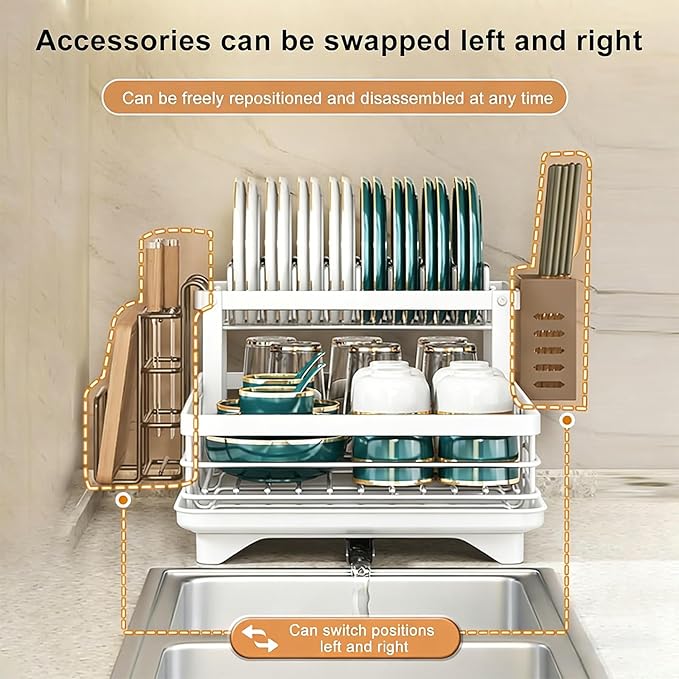 BCWW Drying Rack Dishes Stainless Steel Large Capacity 2-Tier Drying Rack Kitchen Counter Organizer with Cup Holder, Utensil & Cutting Board Storage, Space Saving (White)