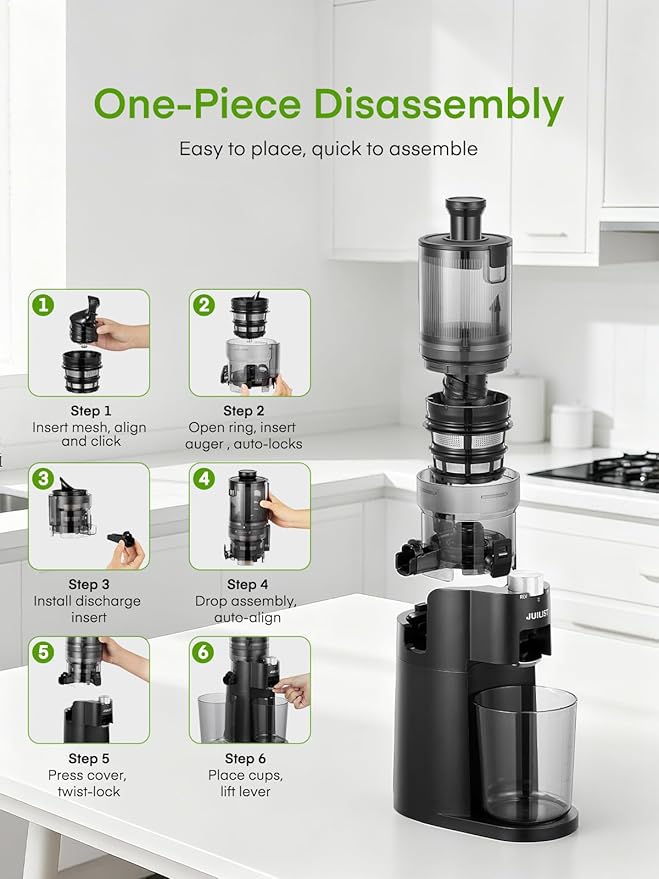 Juilist Cold Press Juicer, High Yield, Quiet Masticating Slow Juicer, Nutrient Preservation, Easy to Clean, Space Saving, Whole Fruit Vegetable Juicer for Home Use, BPA Free (Black)