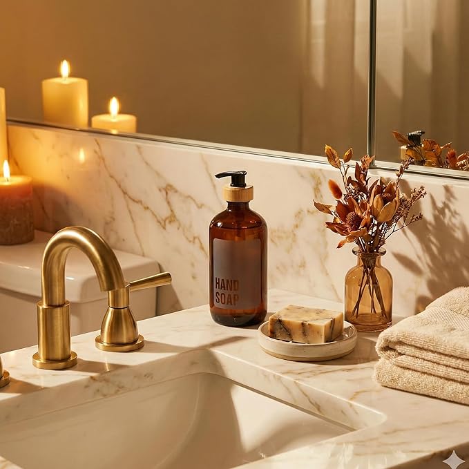 SAVVY & SORTED Amber Glass Hand Soap Dispenser for Bathroom, Kitchen Hand Soap Bottle with Label, Refillable Glass Bottle for Liquid Wash, Matching Dish Soap Dispenser Available, 17 Fl Oz / 500 ml