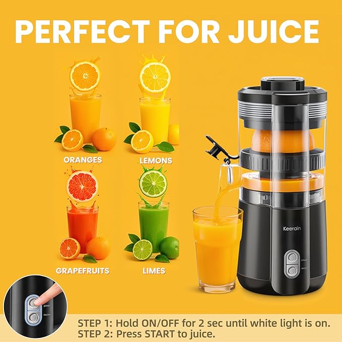 Keerain Electric Orange Juicer, Hand-Free Citrus Juicer Machine with Cleaning Brush, High-Performance Automatic Juice Squeezer for Lemon, Lime, Grapefruit, Pomegranate, Easy to Clean & Use