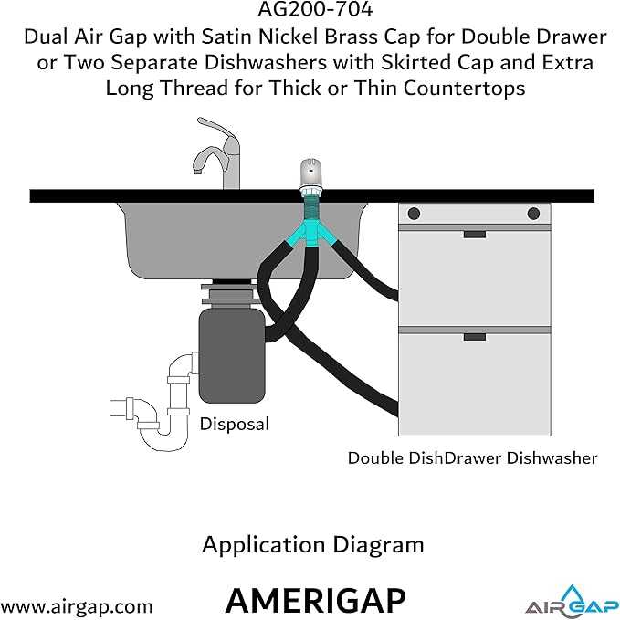 Dual Air Gap with Satin Nickel Brass Cap for Double Drawer or Two Separate Dishwashers with Skirted Cap and Extra Long Thread for Thick or Thin Countertops (AG200-704, AG200-X04, AMERIGAP)