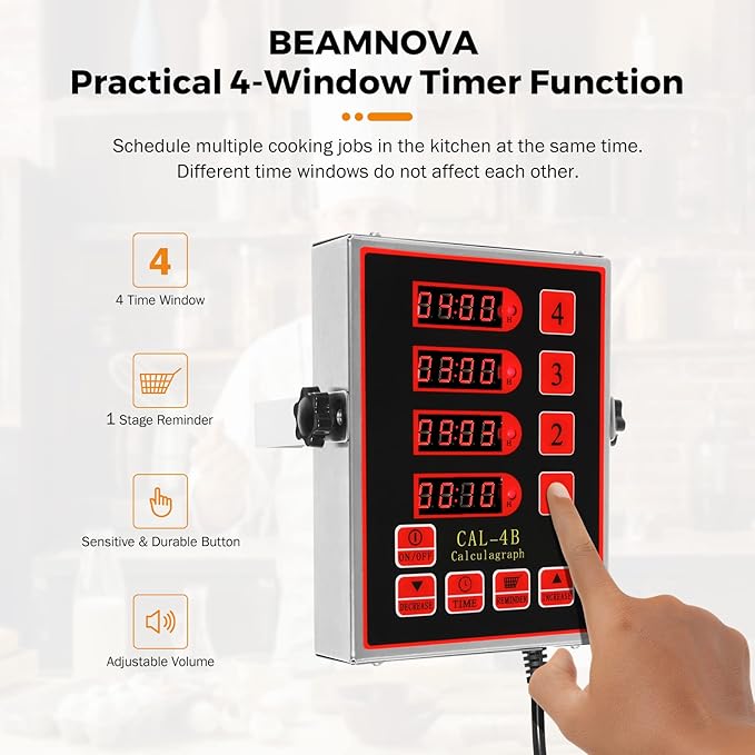 BEAMNOVA 4 Channel Digital Kitchen Timer with Loud Adjustable Alarm, Stainless Steel Commercial Cooking Timer for Restaurant, 0-99h Hours Minutes and Seconds Countdown