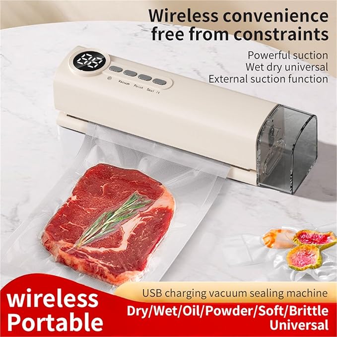 Vacuum Sealer Machine, Mini Vacuum Sealer Wireless Multifunctional Food With Suction Dry/Moist Sealing Machine Plastic Bag Heat for Food(White)
