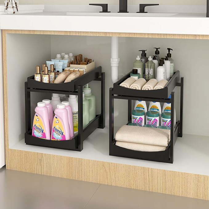 MHXW SXPN Bamboo Under Sink Organizer and Storage, Pull Out Cabinet Organization, 2 Tier Vertical Slide Out Undersink Storage Shelf, Organizer Shelves for Kitchen Bathroom Medicine (Black, 2 Pack)
