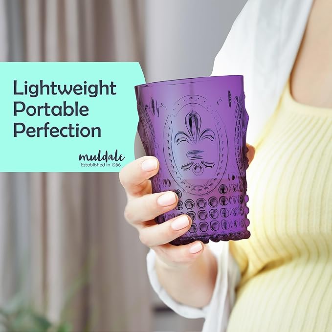 Muldale Vintage Plastic Drinking Glasses Set of 6 - Colored Acrylic Party Highball Tumblers 13.5oz - Boho Stackable Unbreakable Pool Glasses for Adults - BPA Free