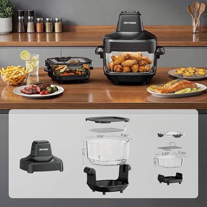 AIRMSEN Potable Glass Air Fryer Non-Toxic, 4.8QT & 1.3QT, 4 Presets & Manual Control, 140–450℉ Precise Heat, 95% Less Oil, Auto-Pause & Resume, Microwave & Dishwasher Safe