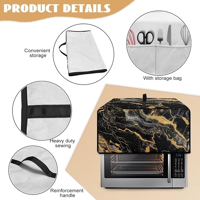 Air Fryer Toaster Oven Dust Cover Dustproof Modern Design Convection Oven Cover with Side Pockets for Small Kitchen Appliances, L, 18.5 x 22.5 x 13 inches, Black Gold Marble