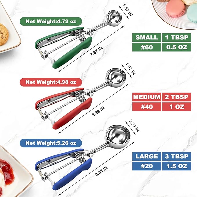 Cookie Scoop Set of 3,Color-Coded Cookie Scoops for Baking with Engraved Sizes,18/8 Stainless Steel Ice Cream Scoop with Non-Slip Soft Rubber Handles,Dough Scoopers for Cupcakes,Meatballs,Muffins