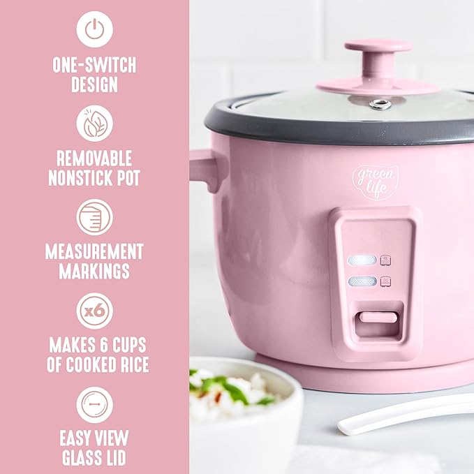 GreenLife Rice Cooker with Removable PFAS-Free Ceramic Nonstick Pot, 3-Cups Uncooked/6-Cups Cooked, Grains & Oatmeal Multicooker, Compact One-Switch Design, Auto Keep Warm, Easy Clean, Pink