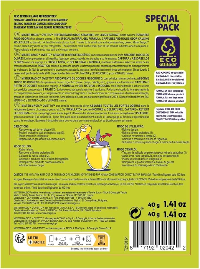 Mister Magic Refrigerator Odor Absorber – Natural Lemon Formula Gel, Odorless Fridge Deodorizer, Neutralizes Food Odors, Lasts Up to 90 Days, Safe for Food, Kitchen Supplies (1 Pack, Contains 2 Units)