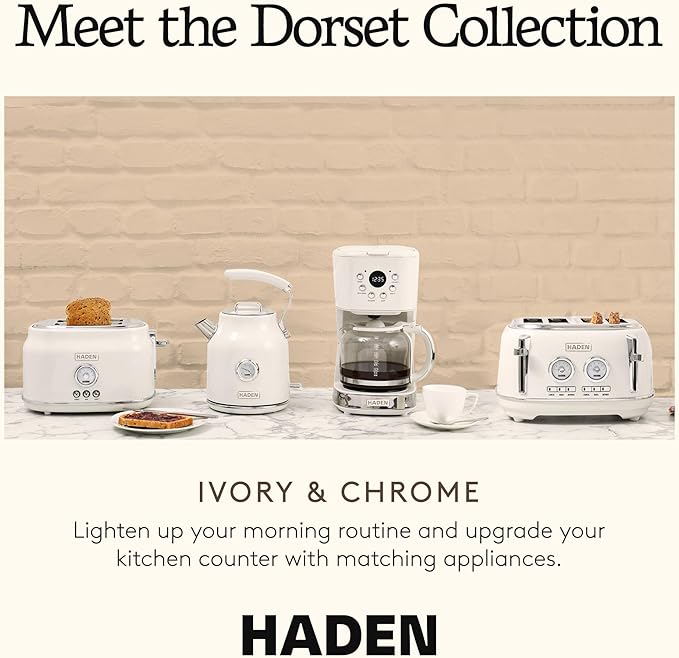 Haden Dorset 4 Slice Wide Slot Stainless Steel Toaster with Adjustable Browning Control & Non-Slip Feet, Ivory & Chrome