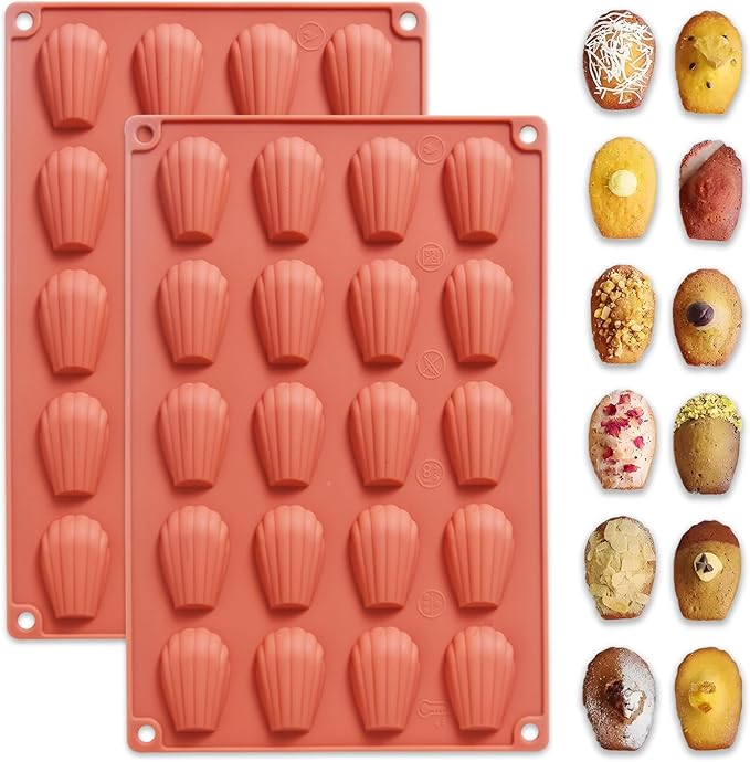 Silicone Madeleine Pan, Set of 2, Nonstick Madeleine Baking Pan, 20 Cavity Shell Shaped Molds for Cake, Cookie, Chocolate, Dessert, Mousse, Brownie, Bread