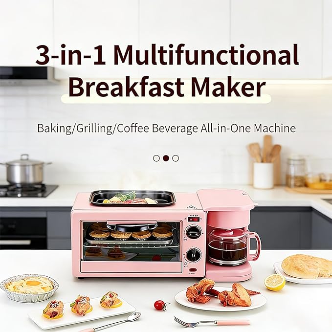 9L, 3-in-1 multifunctional home breakfast machine, mini oven, coffee machine, with timer，visible window (Pink)