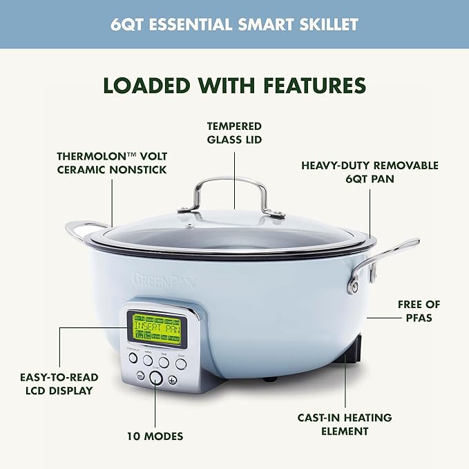 GreenPan Elite Essential Smart Electric 6QT Skillet Pot,Sear Saute Stir-Fry and Cook Rice, Healthy Ceramic Nonstick and Dishwasher Safe Parts, Easy-to-use LED Display, PFAS-Free, Blue Haze