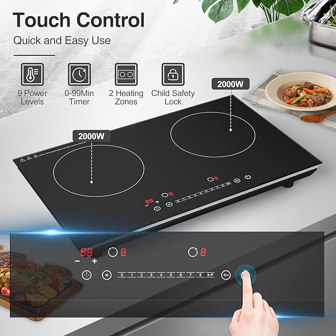 VBGK Double Induction Cooktop,4000W 2 burner induction cooktop,110V Hot Plate Electric Burner Portable Induction cooktop 2 burner with LCD Touch Screen 9 Levels Settings Child Safety Lock & Timer