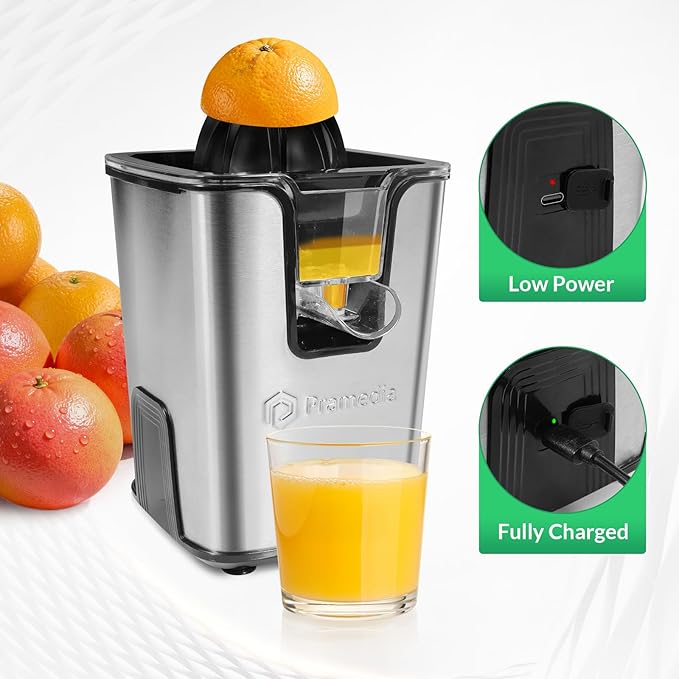Rechargeable Electric Citrus Juicer, 40W Cordless Orange Juice Squeezer with USB-C Charging, Stainless Steel Lemon Juicer with Adjustable Anti-Drip Spout & 2 Cones, Portable for RV