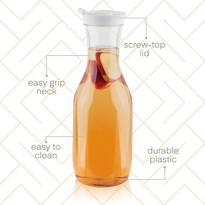Clear Plastic Water Pitchers Carafes with Flip top White Lids 50 OZ Heavy Duty Beverage Pitcher Jug for Juice or iced Coffee Great for Mimosa bar Restuarants ot Schools Pack of 2