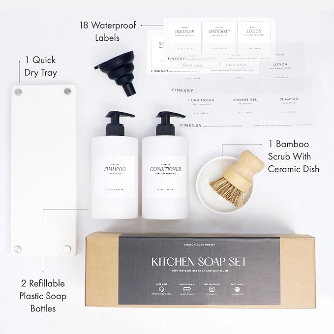 Luxe White Kitchen Soap Dispenser Set with Tray and Dish Brush, Refillable Hand and Dish Soap Dispenser Set Bottles with Pump for Lotion Handsoap Liquid Dishwashing Kitchen and Bathroom Countertop Set