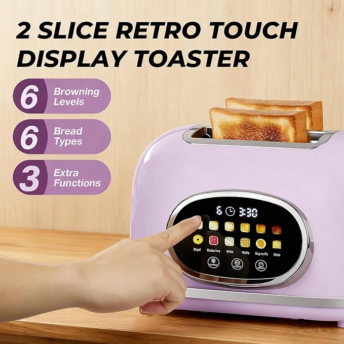 Roter Mond 2 Slice Toaster Smart Touch Screen, Retro Stainless Steel Bread Toaster with Digital Timer, Sleep Mode, Bagel, Cancel, and Defrost Functions, 6 Bread Types and Shade Settings, Light Purple