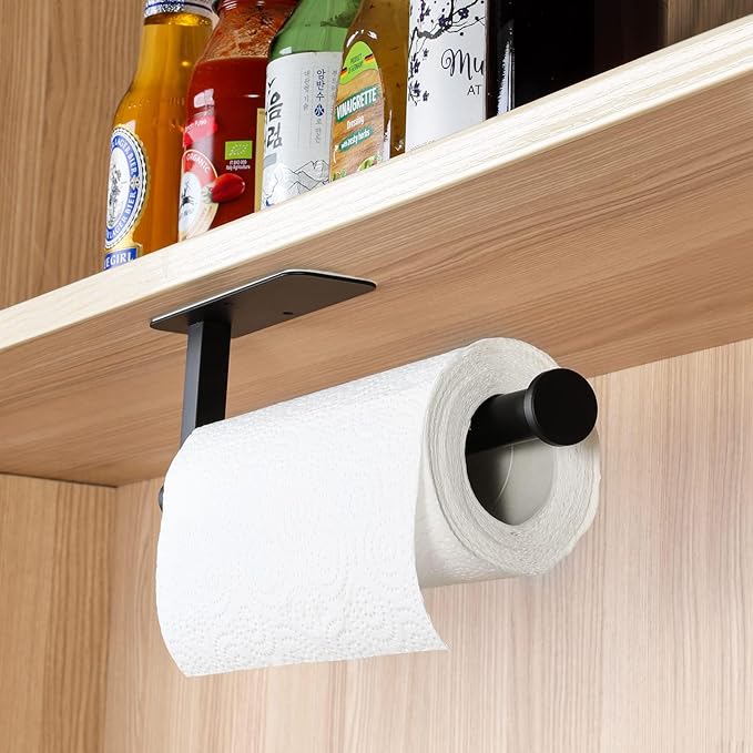ASTOFLI Paper Towel Holder Under Cabinet No Drilling, Self Adhesive Paper Towel Holder Wall Mount for Kitchen Rack, Under Counter Napin Holder No Drill, RV, 304 Stainless Steel, Matte Black