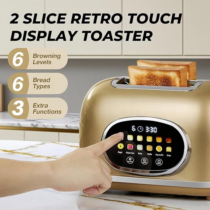 Roter Mond 2 Slice Toaster Smart Touch Screen, Retro Stainless Steel Bread Toaster with Digital Timer, Sleep Mode, Bagel, Cancel, and Defrost Functions, 6 Bread Types and Shade Settings, Gold