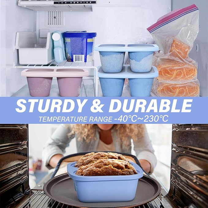 Mossime Silicone Soup Freezer Molds: 1 Cup Silicone Freezer Trays with Lid - 4 Packs Easy Release Soup Freezer Containers - 250ml 125ml Portion Large Cubes for Ice Soup (2, Blue/Purple)