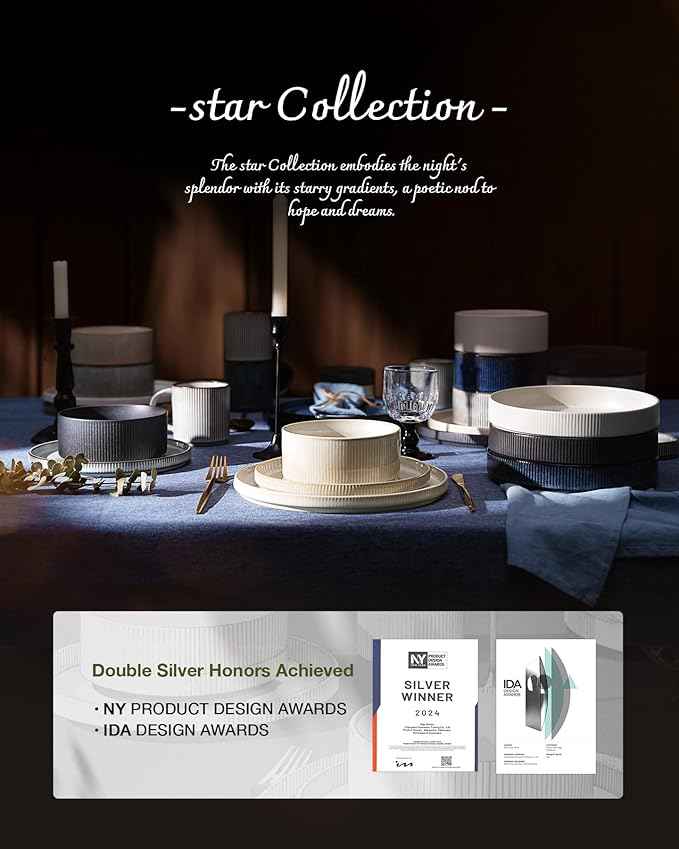 Famiware Star Dinnerware Set, Plates and Bowls Sets for 6 (18pcs), Ribbed Stoneware Dishes - Chip & Scratch Resistant, Microwave & Dishwasher Safe Kitchenware, Matte Sage Green