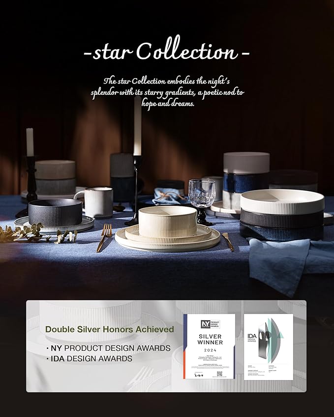 Famiware Star 24-Piece Stoneware Dinnerware Sets for 6 - Shallow Pasta Bowls & Flat Plates, Modern Rustic Reactive Glaze Dishes, Chip & Scratch Resistant, Microwave & Dishwasher Safe, Matte Sage Green