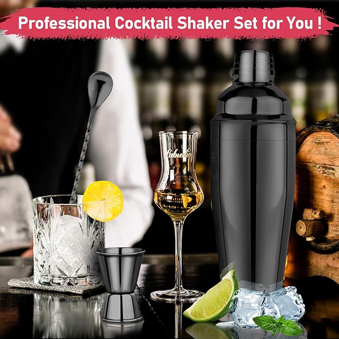 24oz Cocktail Shaker Set Martini Shaker Set Bartender Set with Margarita Mixer Drink Shaker, Measuring Jigger and Mixing Spoon - Professional 18/8 Stainless Steel Bar Tools for Mixed Drinks (Black)