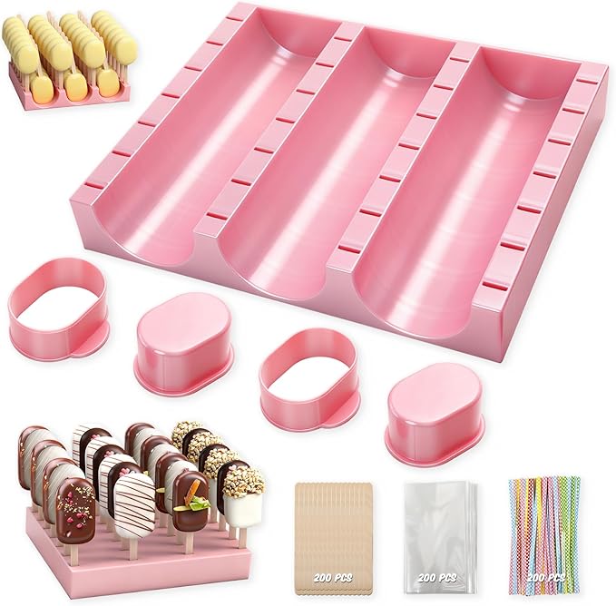 1 Set Cutter, Cake Pop Mold, Cake Pop Cutter and Pusher Press Set with Tray and 3 Types of Packaging Accessories, Baking Tools for Home, Birthday, Parties, Wedding Desserts(2 Pcs,Cakesicle)