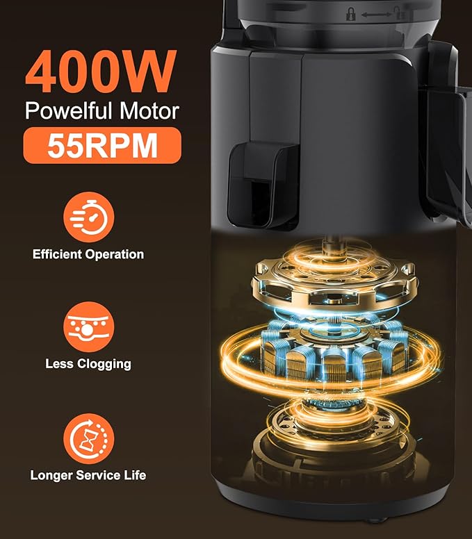 Juicer Machines, 5.3" Large Feed Chute Cold Press Juicer with Double Press Technology, 400W Motor, High Juice Yield, Easy to Clean, Masticating Juicer for Whole Vegetables & Fruits, Dark Black