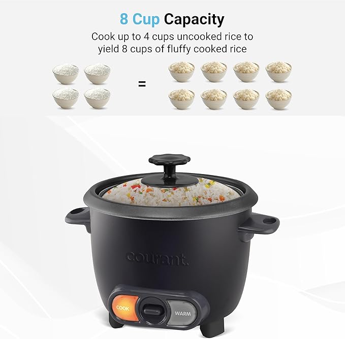 Courant Rice Cooker 8-Cup (Cooked), Removable Non-Stick Bowl, One Touch Rice Cooker, Black